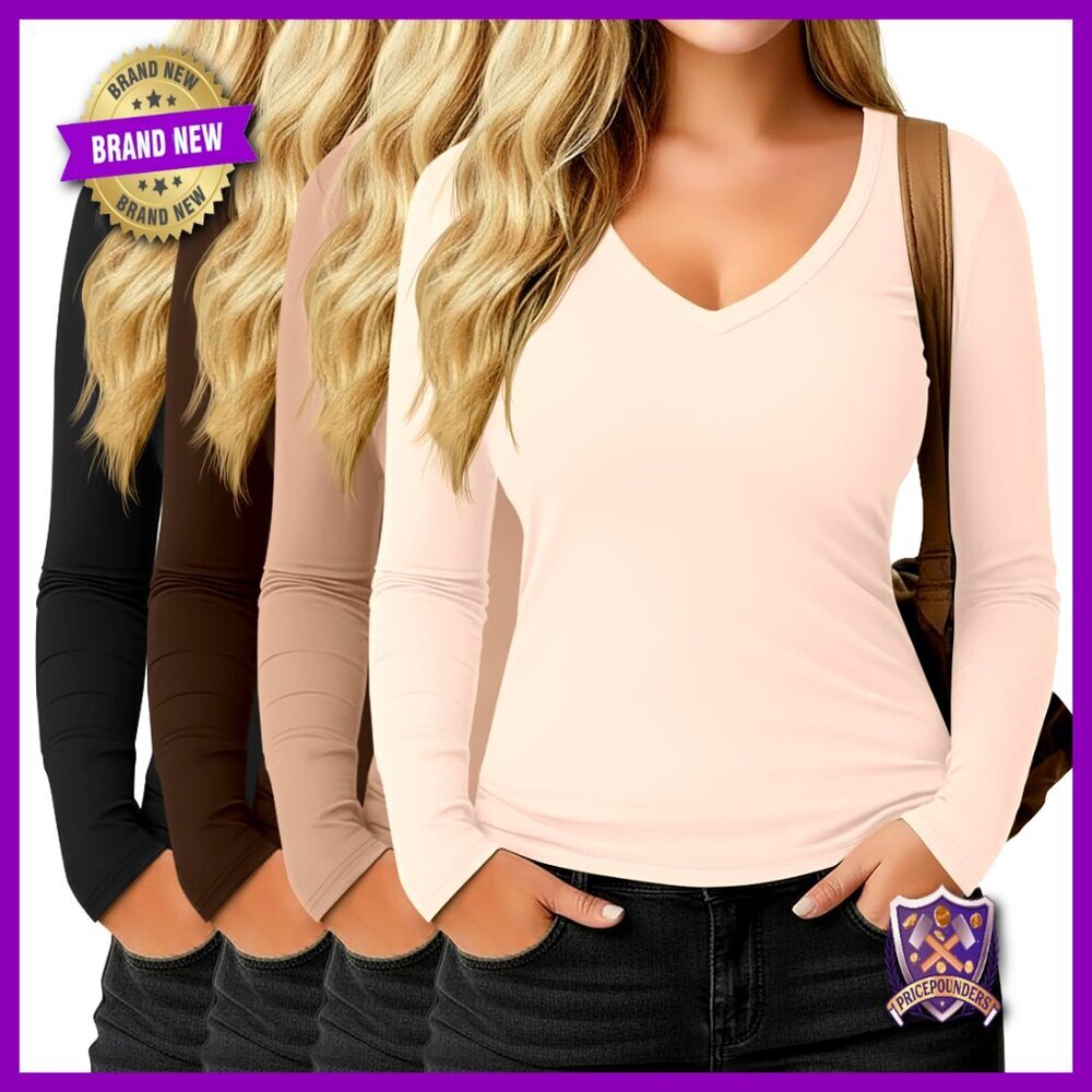 Plus Size Long Sleeve V Neck Slim Fit T-Shirts 4 Pack Layering Tees